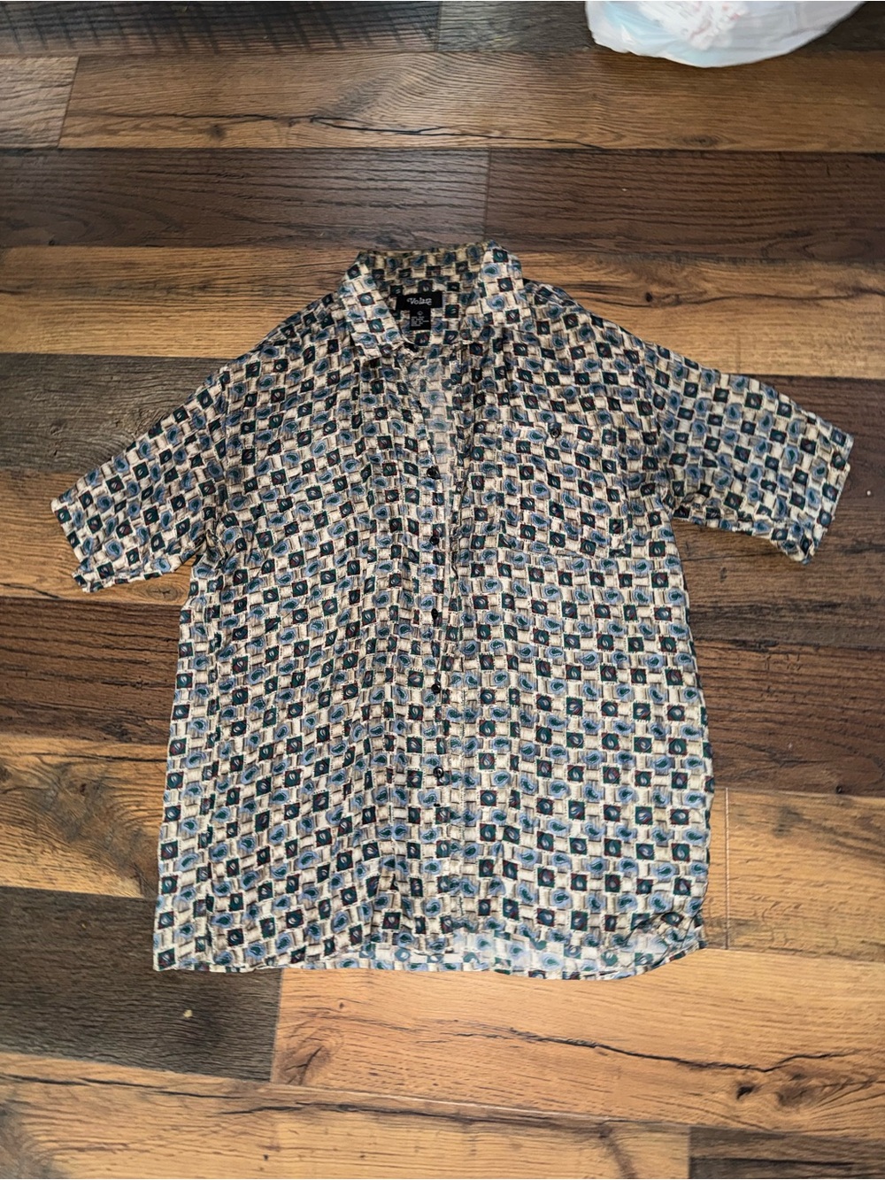 Volare Beige Button-Down Shirt with Blue Geometric Pattern